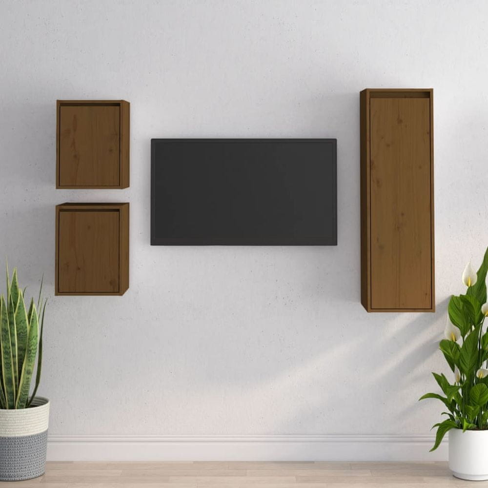 Vidaxl TV skrinky, 3 ks, medovo hnedá, masívne borovicové drevo